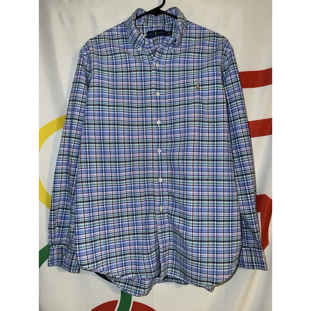 Polo Ralph Lauren Button Up Shirt Mens Large Purple Blue Plaid Oxford Cotton